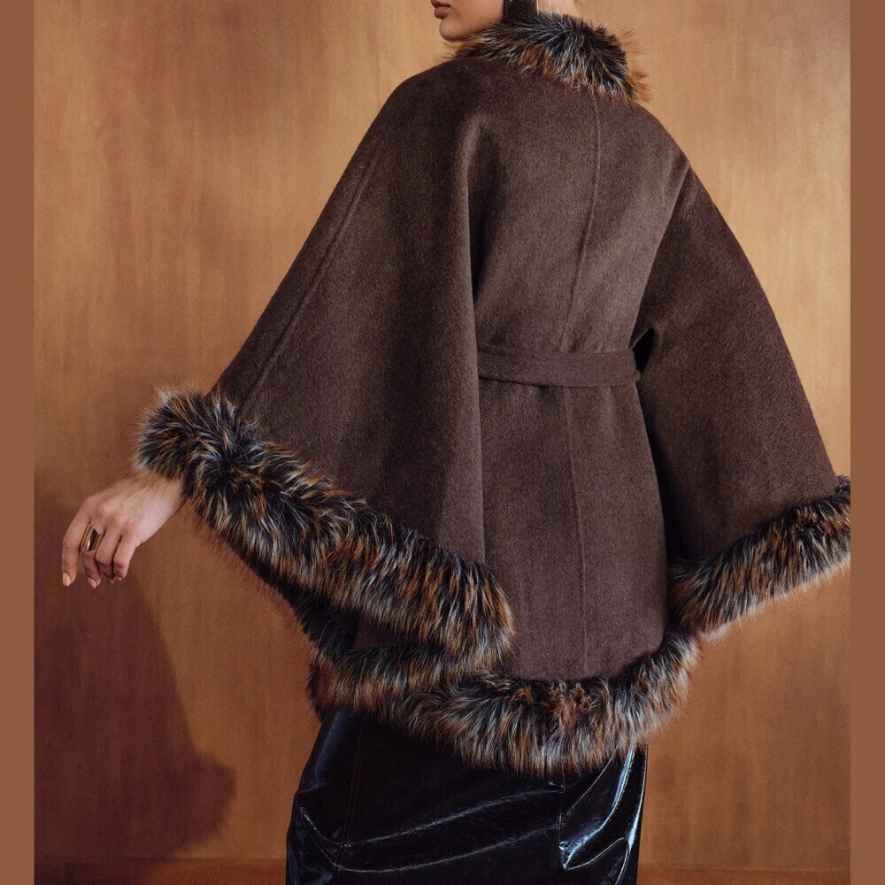 Brown Wool Blend Faux Fur Trim Belted Waterfall Cape Coat - Picture 4 of 8